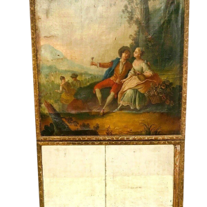 Miroir trumeau de style Louis XV "Scène Romantique" bois sculpté, huile sur toile, XIXᵉ siècle