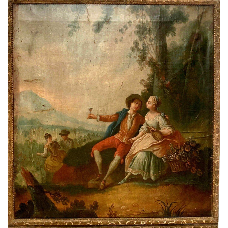 Trumeau-spiegel in Lodewijk XV-stijl "Romantische scène", gesneden hout, olieverf op doek, 19e eeuw