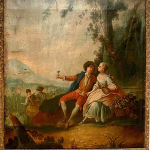 Miroir trumeau de style Louis XV "Scène Romantique" bois sculpté, huile sur toile, XIXᵉ siècle