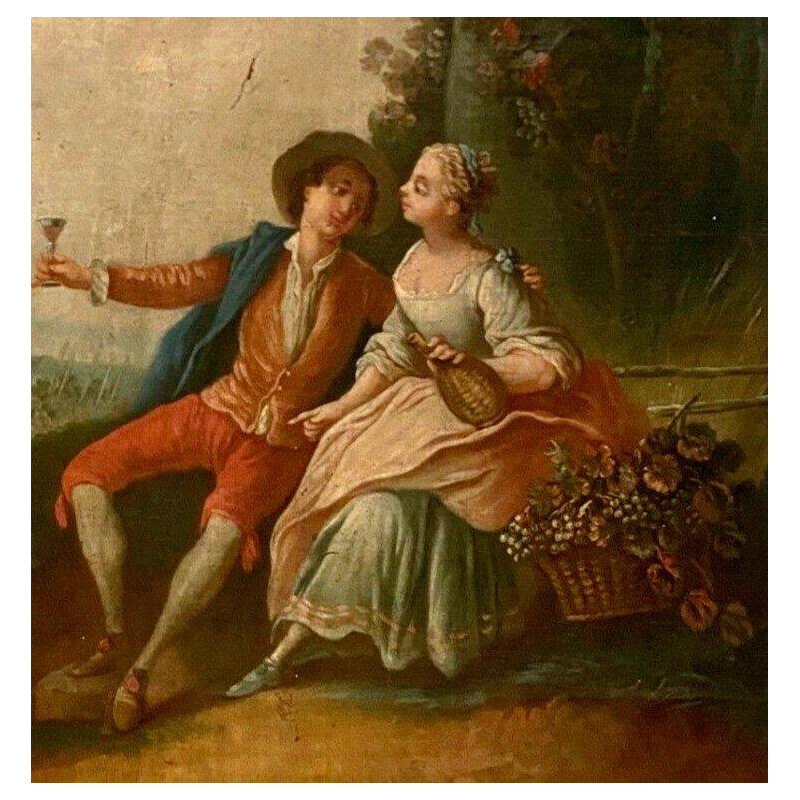 Miroir trumeau de style Louis XV "Scène Romantique" bois sculpté, huile sur toile, XIXᵉ siècle