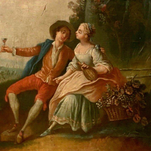 Miroir trumeau de style Louis XV "Scène Romantique" bois sculpté, huile sur toile, XIXᵉ siècle