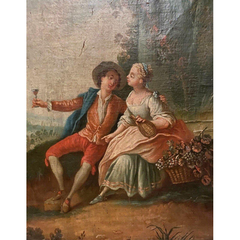 Miroir trumeau de style Louis XV "Scène Romantique" bois sculpté, huile sur toile, XIXᵉ siècle