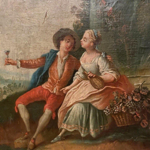 Trumeau-spiegel in Lodewijk XV-stijl "Romantische scène", gesneden hout, olieverf op doek, 19e eeuw