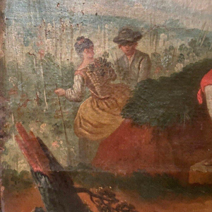 Louis XV style trumeau mirror "Romantic Scene" carved wood, oil on canvas, 19th century