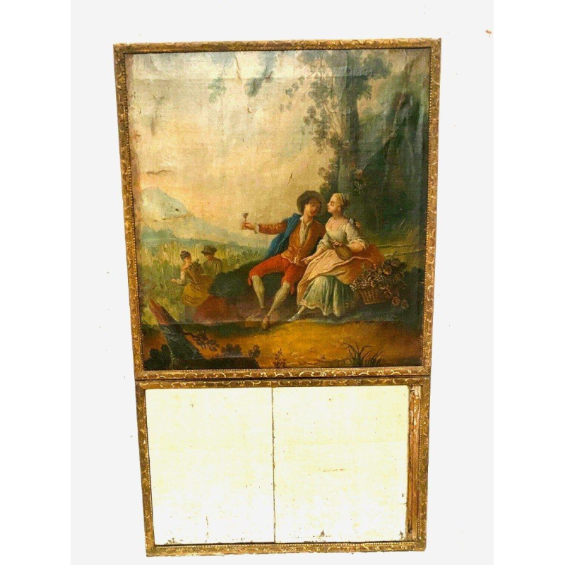 Miroir trumeau de style Louis XV "Scène Romantique" bois sculpté, huile sur toile, XIXᵉ siècle