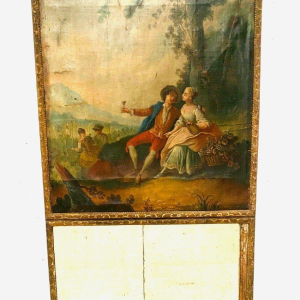 Louis XV style trumeau mirror "Romantic Scene" carved wood, oil on canvas, 19th century