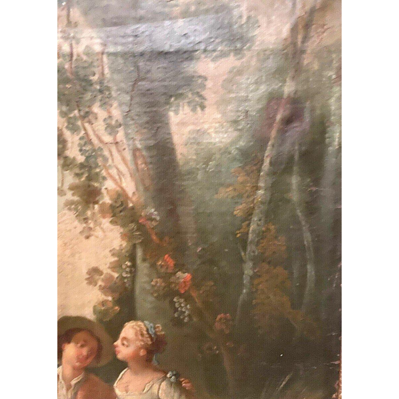 Miroir trumeau de style Louis XV "Scène Romantique" bois sculpté, huile sur toile, XIXᵉ siècle