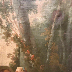 Trumeau-spiegel in Lodewijk XV-stijl "Romantische scène", gesneden hout, olieverf op doek, 19e eeuw