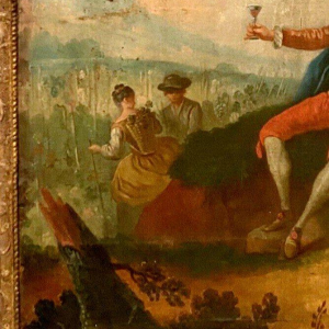 Louis XV style trumeau mirror "Romantic Scene" carved wood, oil on canvas, 19th century