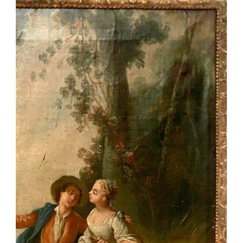 Louis XV style trumeau mirror "Romantic Scene" carved wood, oil on canvas, 19th century