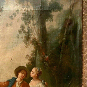 Louis XV style trumeau mirror "Romantic Scene" carved wood, oil on canvas, 19th century