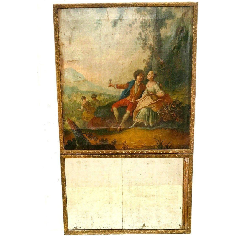 Miroir trumeau de style Louis XV "Scène Romantique" bois sculpté, huile sur toile, XIXᵉ siècle