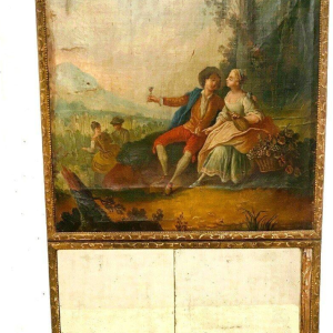 Louis XV style trumeau mirror "Romantic Scene" carved wood, oil on canvas, 19th century
