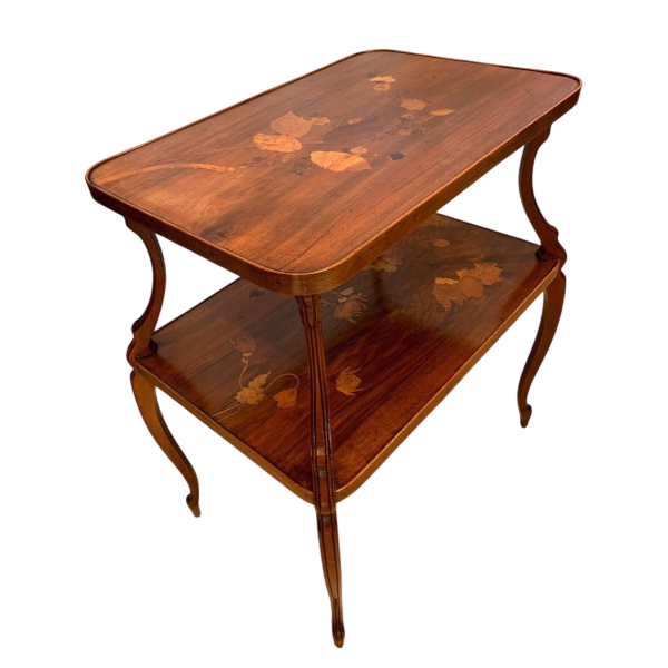 Nancy School, Art Nouveau sokkeltafel met twee planken van marqueterie versierd met bloemmotieven, begin 20e eeuw