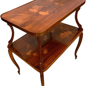 Nancy School, Art Nouveau sokkeltafel met twee planken van marqueterie versierd met bloemmotieven, begin 20e eeuw