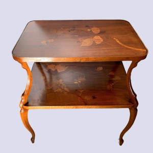 Nancy School, Art Nouveau pedestal table with two marquetry shelves decorated with floral motifs, early 20th century