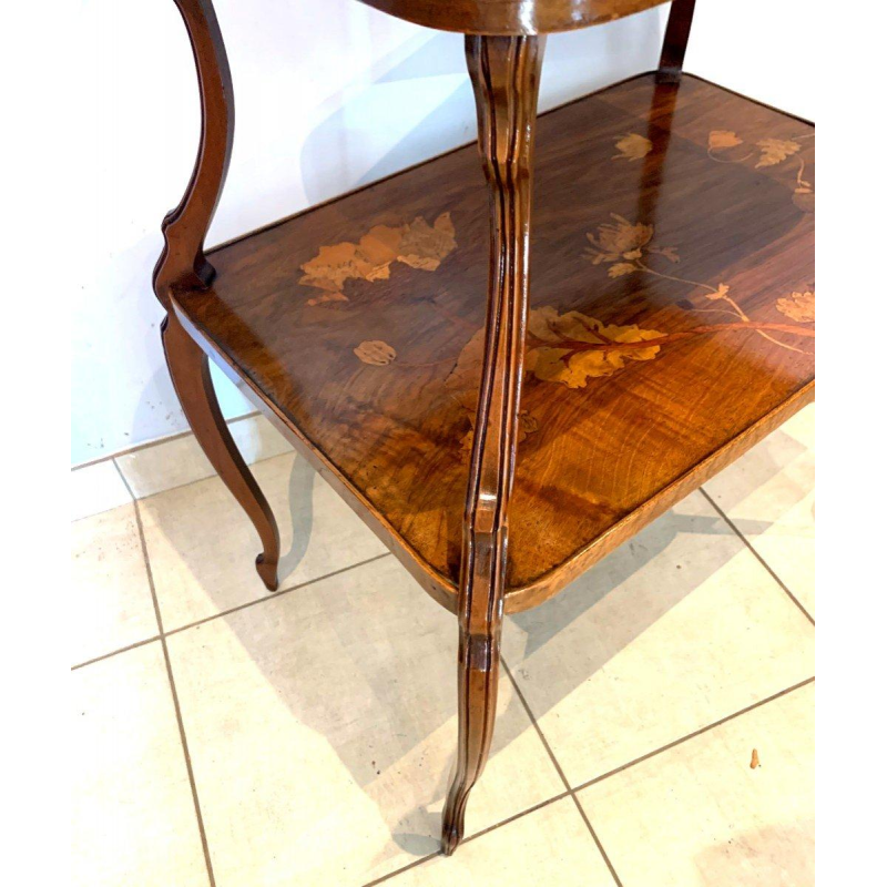 Nancy School, Art Nouveau pedestal table with two marquetry shelves decorated with floral motifs, early 20th century
