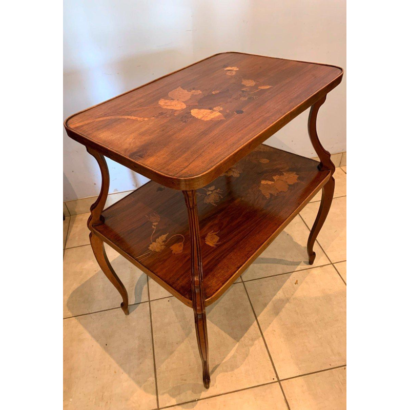 Nancy School, Art Nouveau pedestal table with two marquetry shelves decorated with floral motifs, early 20th century