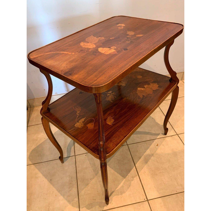 Nancy School, Art Nouveau pedestal table with two marquetry shelves decorated with floral motifs, early 20th century