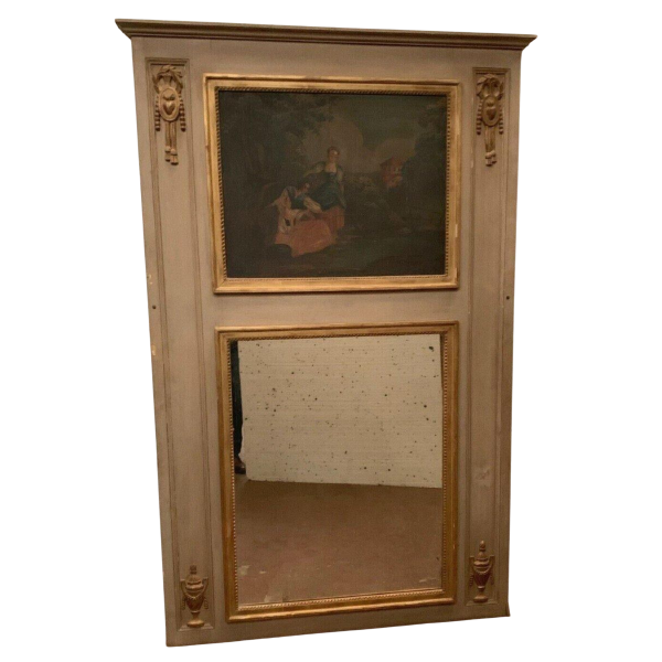 Louis XVI style trumeau mirror in patinated and gilded wood, 20th century