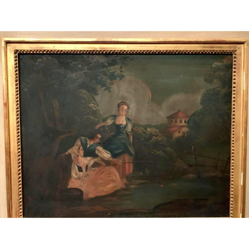 Miroir trumeau de style Louis XVI en bois patiné et doré, XXᵉ siècle