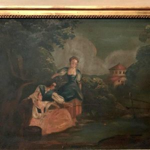 Miroir trumeau de style Louis XVI en bois patiné et doré, XXᵉ siècle