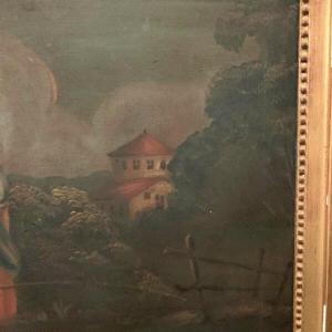 Louis XVI style trumeau mirror in patinated and gilded wood, 20th century