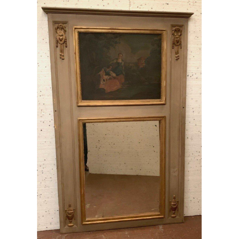 Louis XVI style trumeau mirror in patinated and gilded wood, 20th century