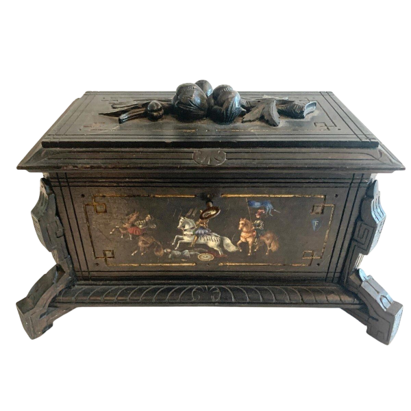 Napoleon III jewelry box, blackened carved wood, polychrome decoration, 19th century