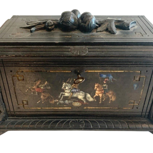 Napoleon III jewelry box, blackened carved wood, polychrome decoration, 19th century