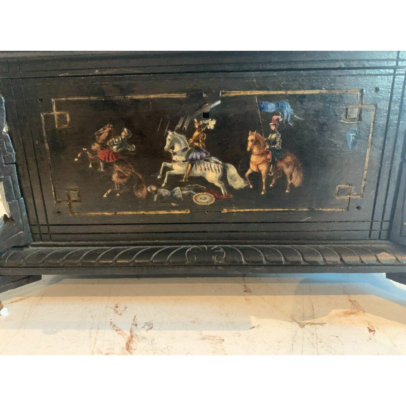 Coffret à bijoux Napoléon III, bois sculpté noirci, décor polychrome, XIXᵉ siècle