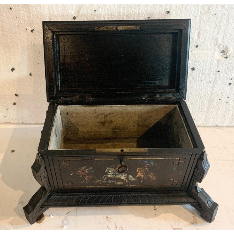 Napoleon III jewelry box, blackened carved wood, polychrome decoration, 19th century