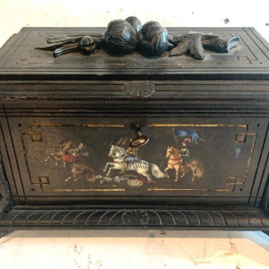 Napoleon III jewelry box, blackened carved wood, polychrome decoration, 19th century