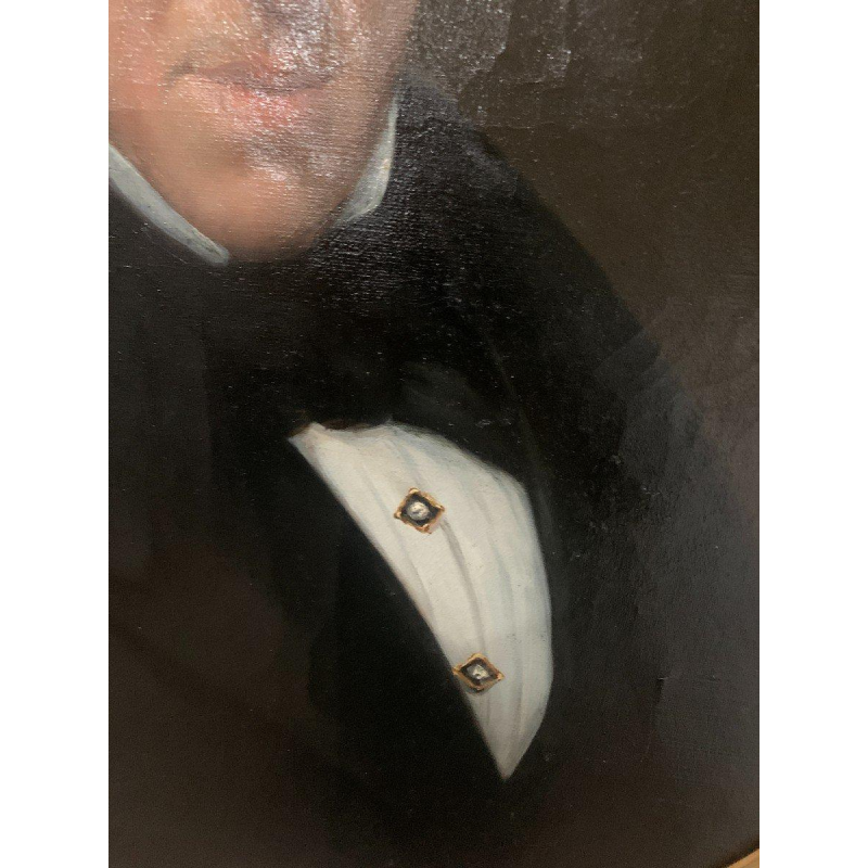 Een paar voorouderportretten, olieverf op doek in vergulde ovale lijsten, 19e eeuw.