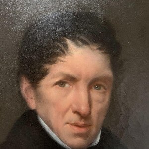 Pair of ancestral portraits, oil on canvas in gilt oval frames, 19th century