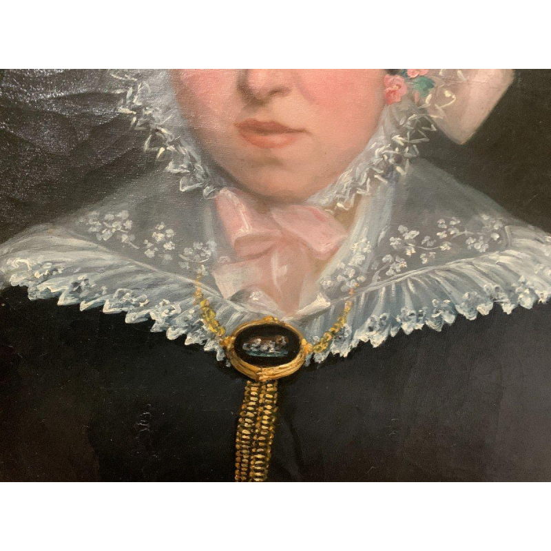 Pair of ancestral portraits, oil on canvas in gilt oval frames, 19th century