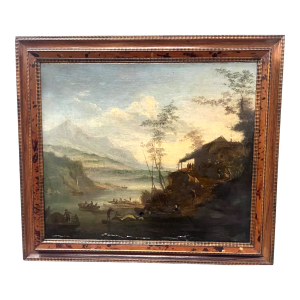 Oil on canvas, "Seascape and Mountains", 19th century
