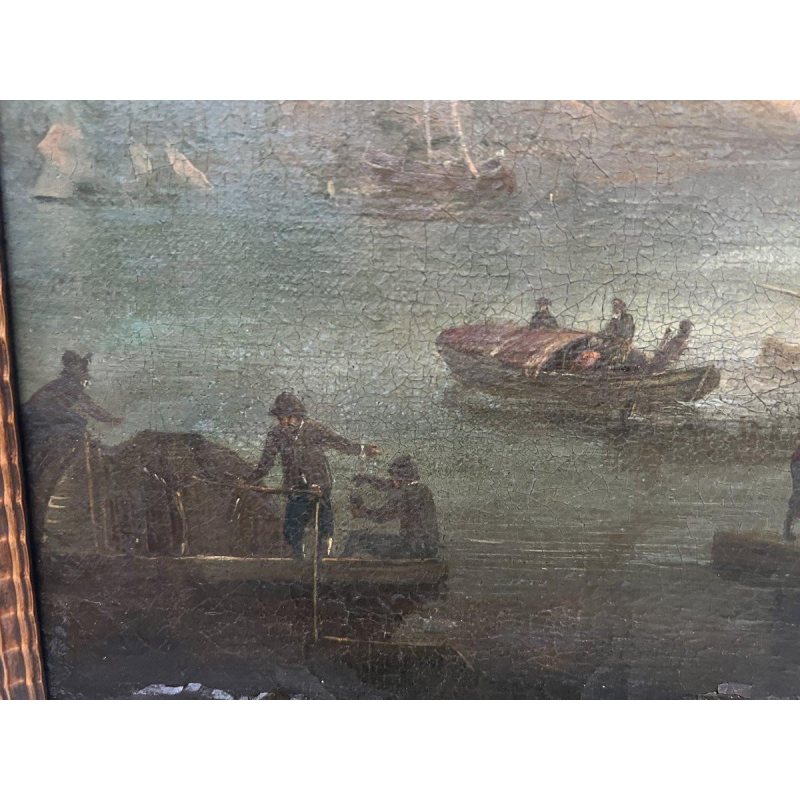 Oil on canvas, "Seascape and Mountains", 19th century