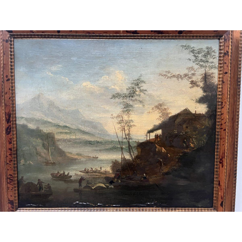 Oil on canvas, "Seascape and Mountains", 19th century