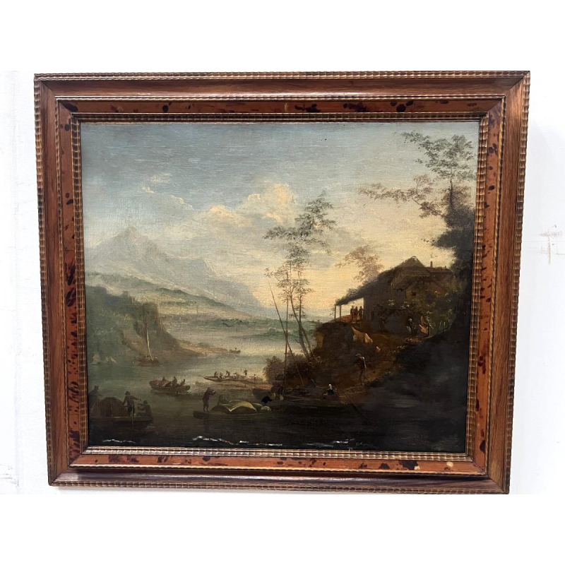 Oil on canvas, "Seascape and Mountains", 19th century