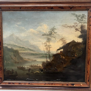 Oil on canvas, "Seascape and Mountains", 19th century