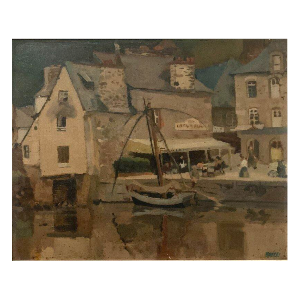 Tableau « Vue animée sur le port », huile sur toile signée, XXᵉ siècle