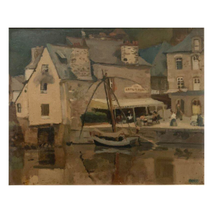 Painting "Lively View of the Port", oil on canvas, signed, 20th century