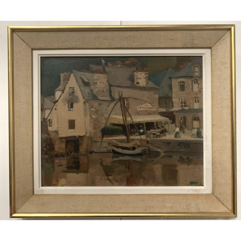 Tableau « Vue animée sur le port », huile sur toile signée, XXᵉ siècle