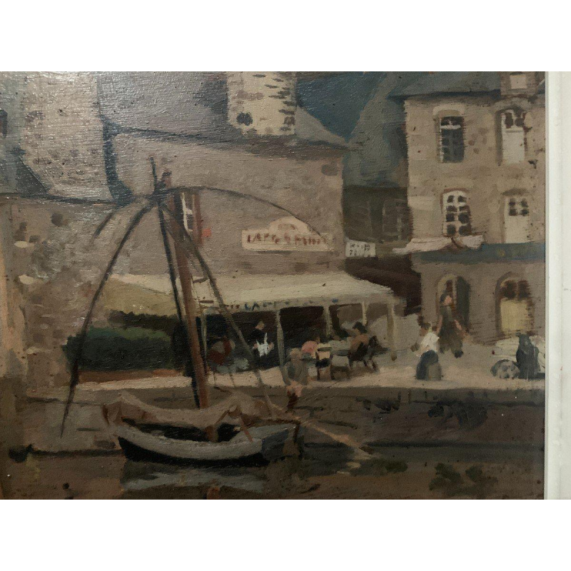 Painting "Lively View of the Port", oil on canvas, signed, 20th century