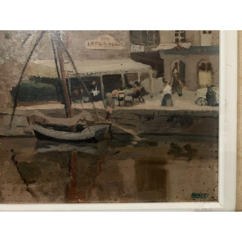 Schilderij "Levendig uitzicht op de haven", olieverf op doek, gesigneerd, 20e eeuw