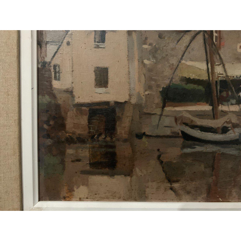 Painting "Lively View of the Port", oil on canvas, signed, 20th century