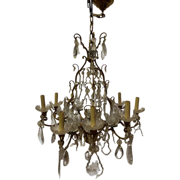 Cage chandelier with sixteen lights, crystal drops and cups, 19th century