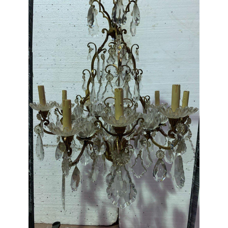 Lustre cage à seize lumières, pampilles et coupelles de cristal, XIX siècle