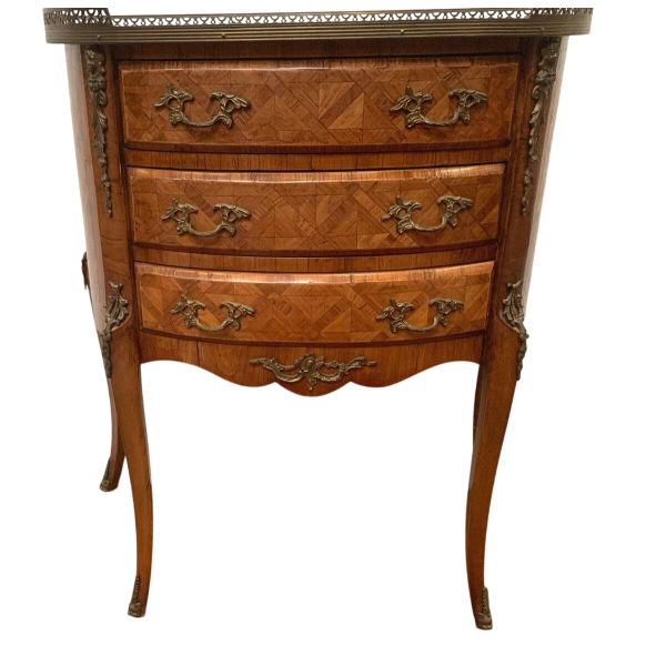 A Louis XV style half-moon commode on legs, in marquetry with a cube background, 20th century